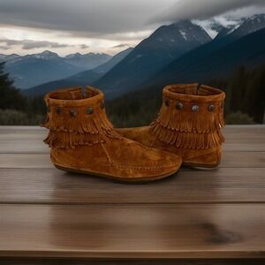 Minnetonka Women's Double Fringe Moccasins Side Zip Ankle Boots Sz 7 692